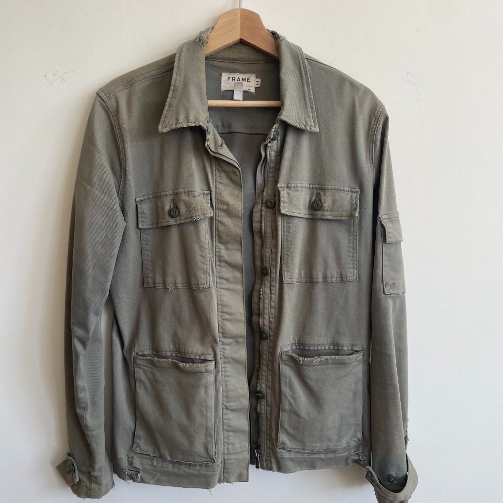 Frame Denim Distressed Green Army Jacket, size Small
